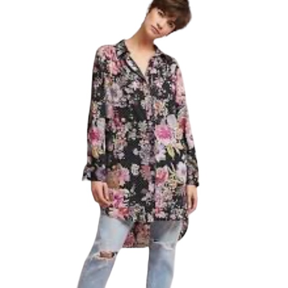 MAEVE Anthropologie Long Floral Button Down Blouse Specks of Silver Sz XS - Picture 4 of 11